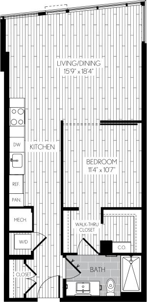 744 square foot one bedroom one bath apartment floorplan image