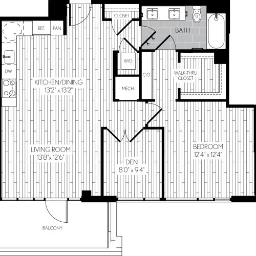 887 square foot one bedroom one bath with den apartment floorplan image