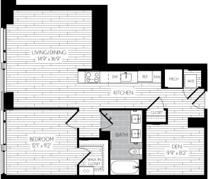 798 square foot one bedroom one bath with den apartment floorplan image