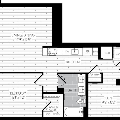 798 square foot one bedroom one bath with den apartment floorplan image