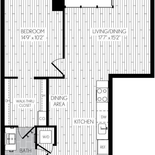 764 square foot one bedroom one bath apartment floorplan image