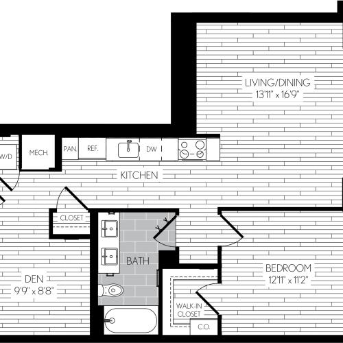 817 square foot one bedroom one bath with den apartment floorplan image