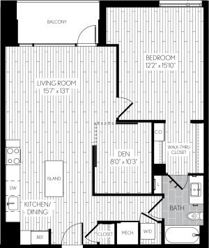 908 square foot one bedroom one bath with den apartment floorplan image