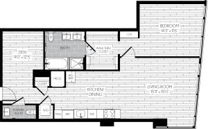 975 square foot one bedroom one and a half bath with den apartment floorplan image
