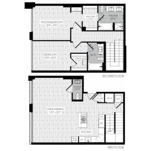 1324 square foot two bedroom two and a half bath two level apartment floorplan image