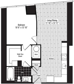688 square foot one bedroom one bath apartment floorplan image
