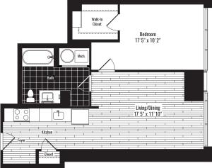 683 square foot one bedroom one bath apartment floorplan image