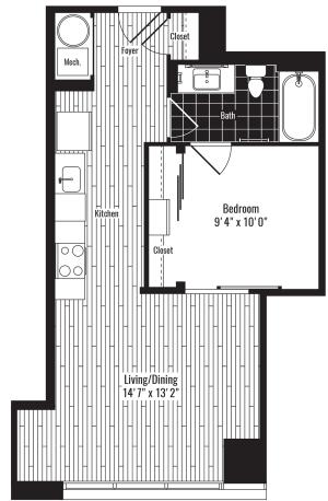 585 square foot one bedroom one bath with offset living room apartment floorplan image