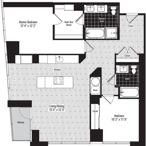 1245 square foot two bedroom two bath apartment floorplan image