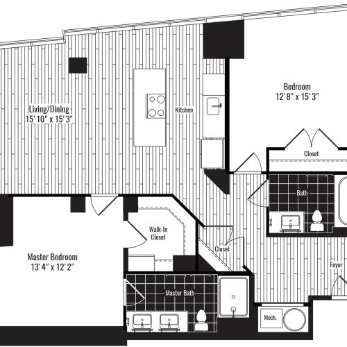 1100 square foot two bedroom two bath apartment floorplan image