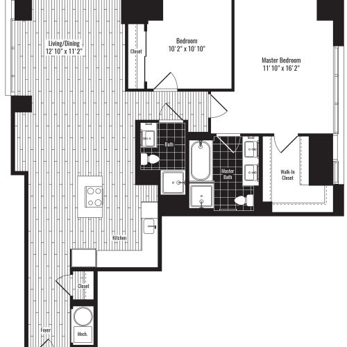 1250 square foot two bedroom two bath apartment floorplan image