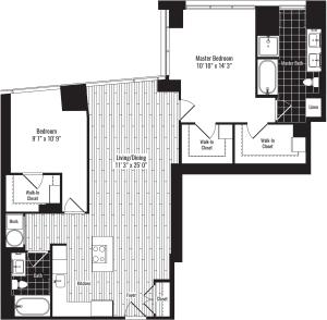 1276 square foot two bedroom two bath apartment floorplan image