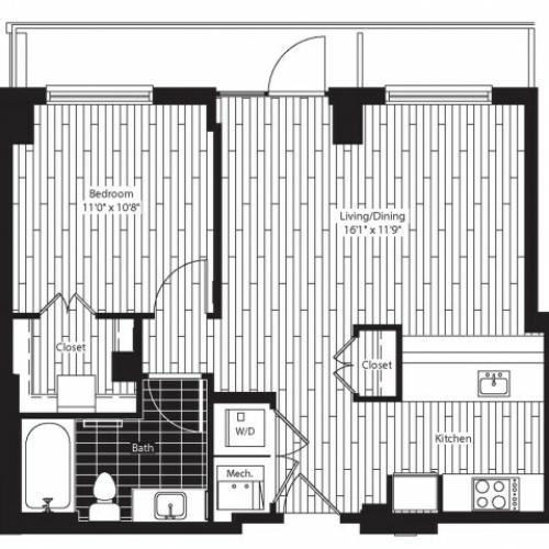 667 square foot one bedroom one bath apartment floorplan image