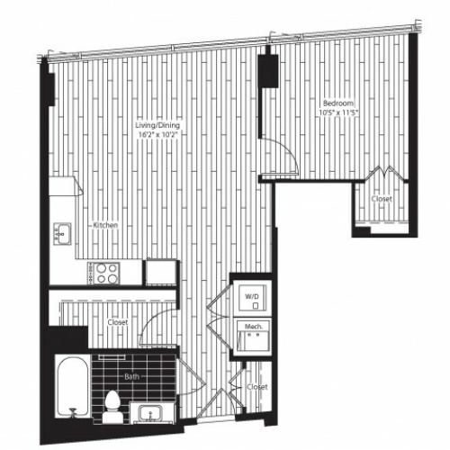 669 square foot one bedroom one bath apartment floorplan image