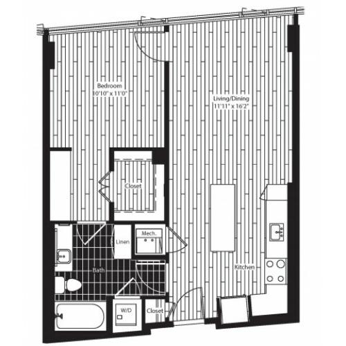 712 square foot one bedroom one bath dry bar apartment floorplan image