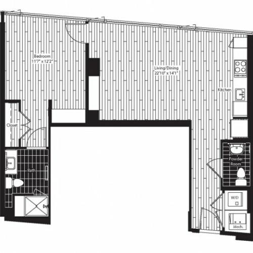 750 square foot one bedroom one and a half bath apartment floorplan image