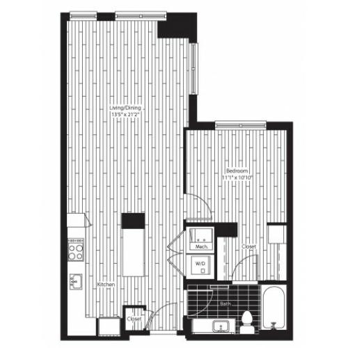 751 square foot one bedroom one bath apartment floorplan image