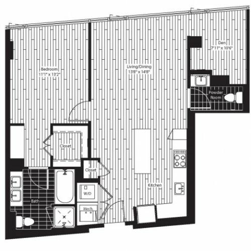 883 square foot one bedroom one and a half bath with den apartment floorplan image