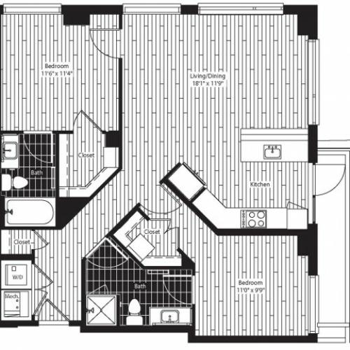954 square foot two bedroom two bath apartment floorplan image