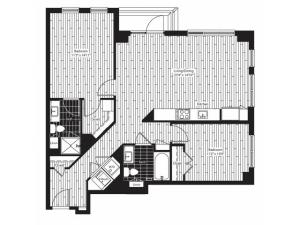 1032 square foot two bedroom two bath apartment floorplan image