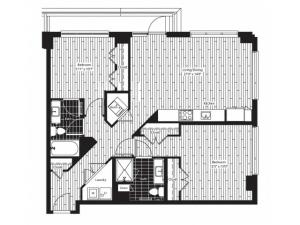 1040 square foot two bedroom two bath apartment floorplan image