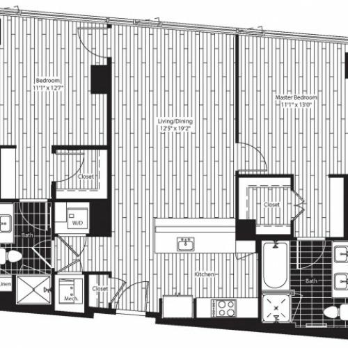 1069 square foot two bedroom two bath apartment floorplan image