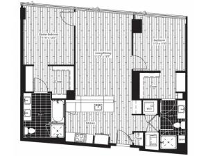 1069 square foot two bedroom two bath angled kitchen apartment floorplan image