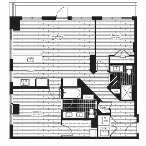 1126 square foot two bedroom two bath apartment floorplan image