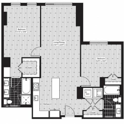 1130 square foot two bedroom two bath apartment floorplan image