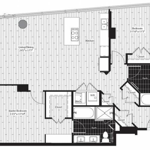 1217 square foot two bedroom two large baths apartment floorplan image