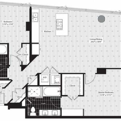 1217 square foot two bedroom two bath apartment floorplan image