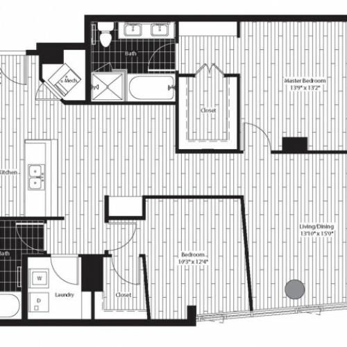 1262 square foot two bedroom two bath apartment floorplan image