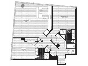 1291 square foot two bedroom two bath apartment floorplan image