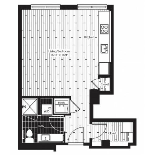 487 square foot studio one bath floor plan image