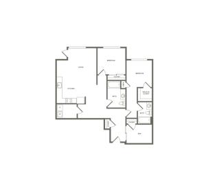 1,233 square foot two bedroom two bath with den floor plan image