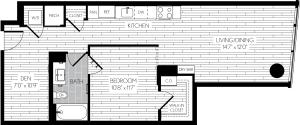 753 square foot one bedroom one bath den apartment floorplan image