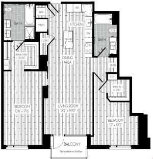 1121 square foot two bedroom two bath apartment floorplan image