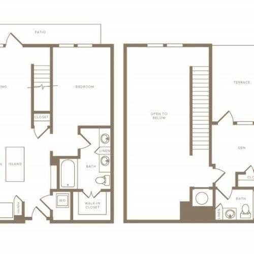947 square foot one bedroom two bath with den floor plan image