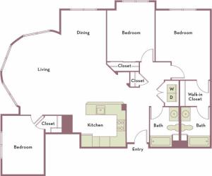 1,691 square foot three bedroom two bath apartment floorplan image