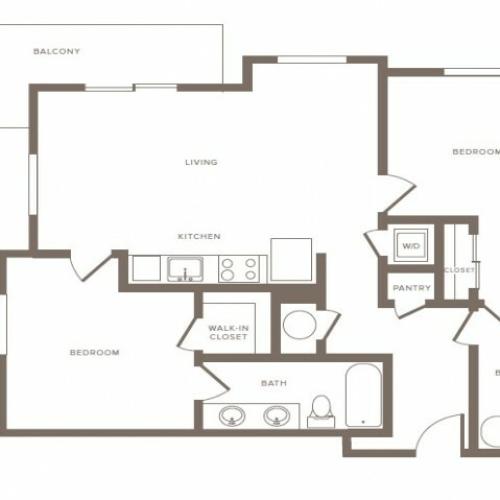1090 square foot two bedroom two bath phase II apartment floorplan image