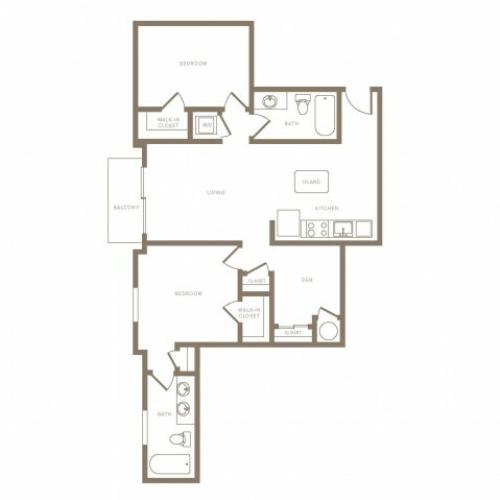 1123 square foot two bedroom two bath phase II apartment floorplan image