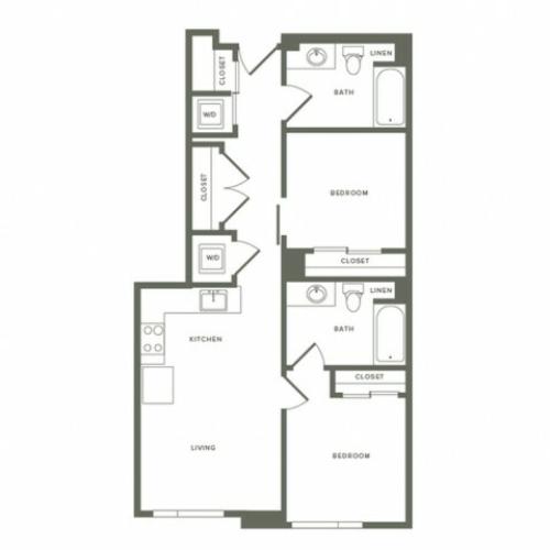 877-957 square foot two bedroom two bath floor plan image