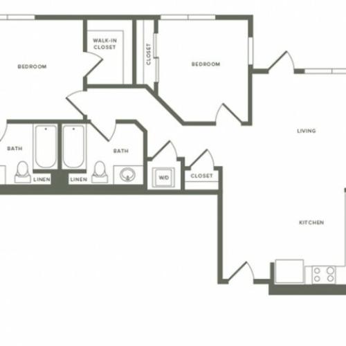 994 square foot two bedroom two bath floor plan image