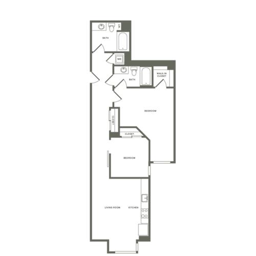1,236 to 1,263 square foot two bedroom two bath apartment floorplan image
