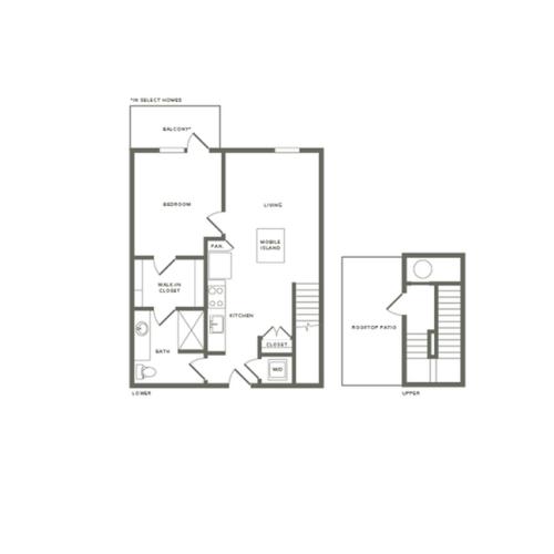 815 to 860 square foot one bedroom one bath with rooftop patio apartment floorplan image
