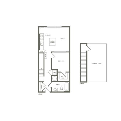 721 square foot one bedroom one bath with rooftop patio apartment floorplan image