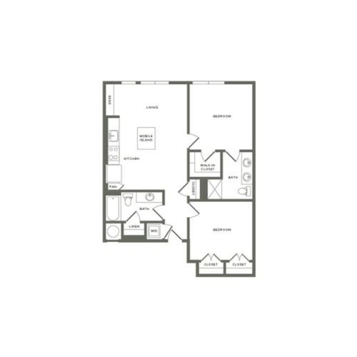 1012 square foot two bedroom two bath apartment floorplan image