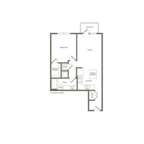 745 to 769 square foot one bedroom one bath with balcony apartment floorplan image