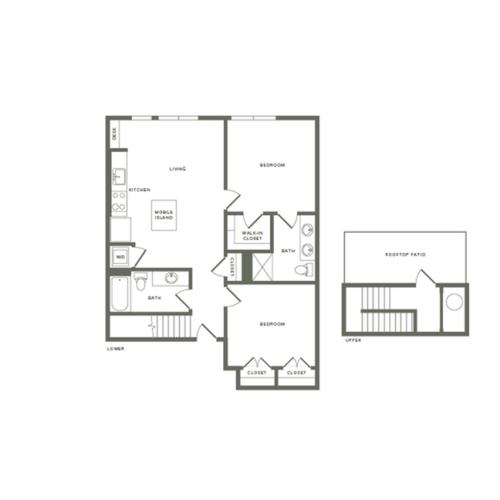 1103 square foot two bedroom two bath with rooftop patio apartment floorplan image