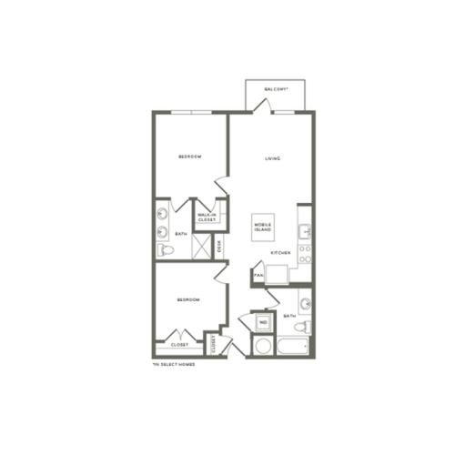 894 to 950 square foot two bedroom two bath apartment floorplan image
